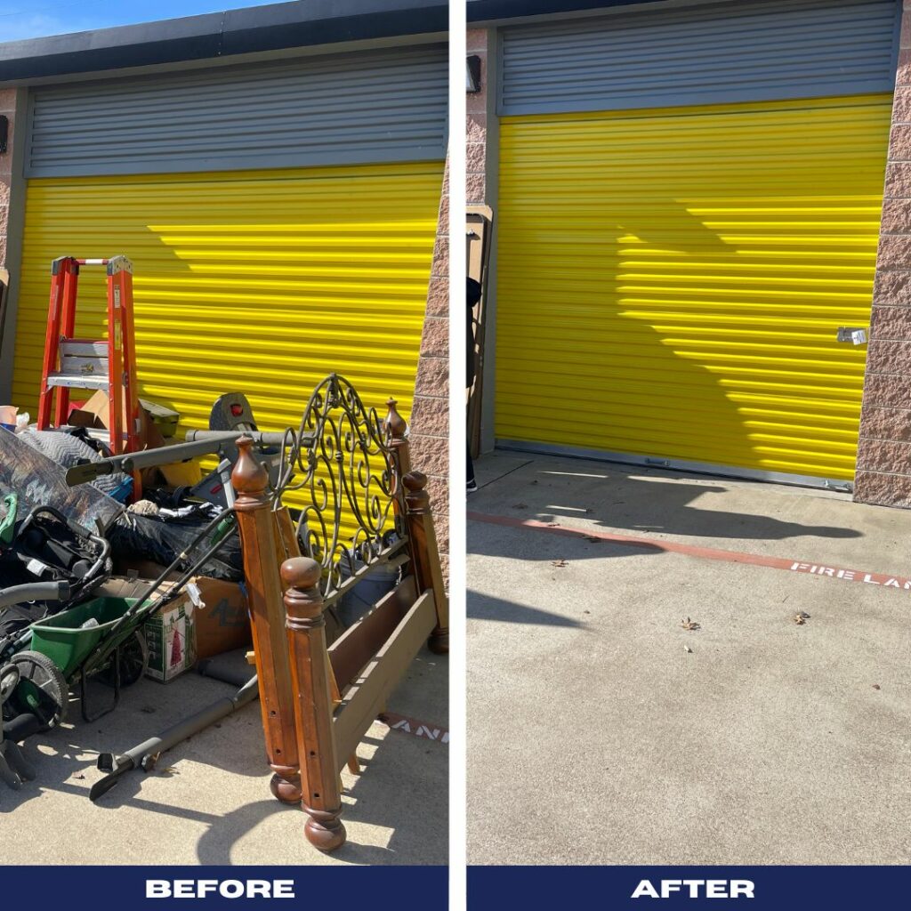 A before and after picture of a storage unit cleanout in Dallas, Texas serviced by JM Junk Removers