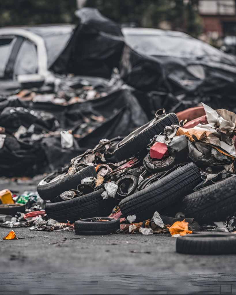 old tires and trash illegally dumped on curb